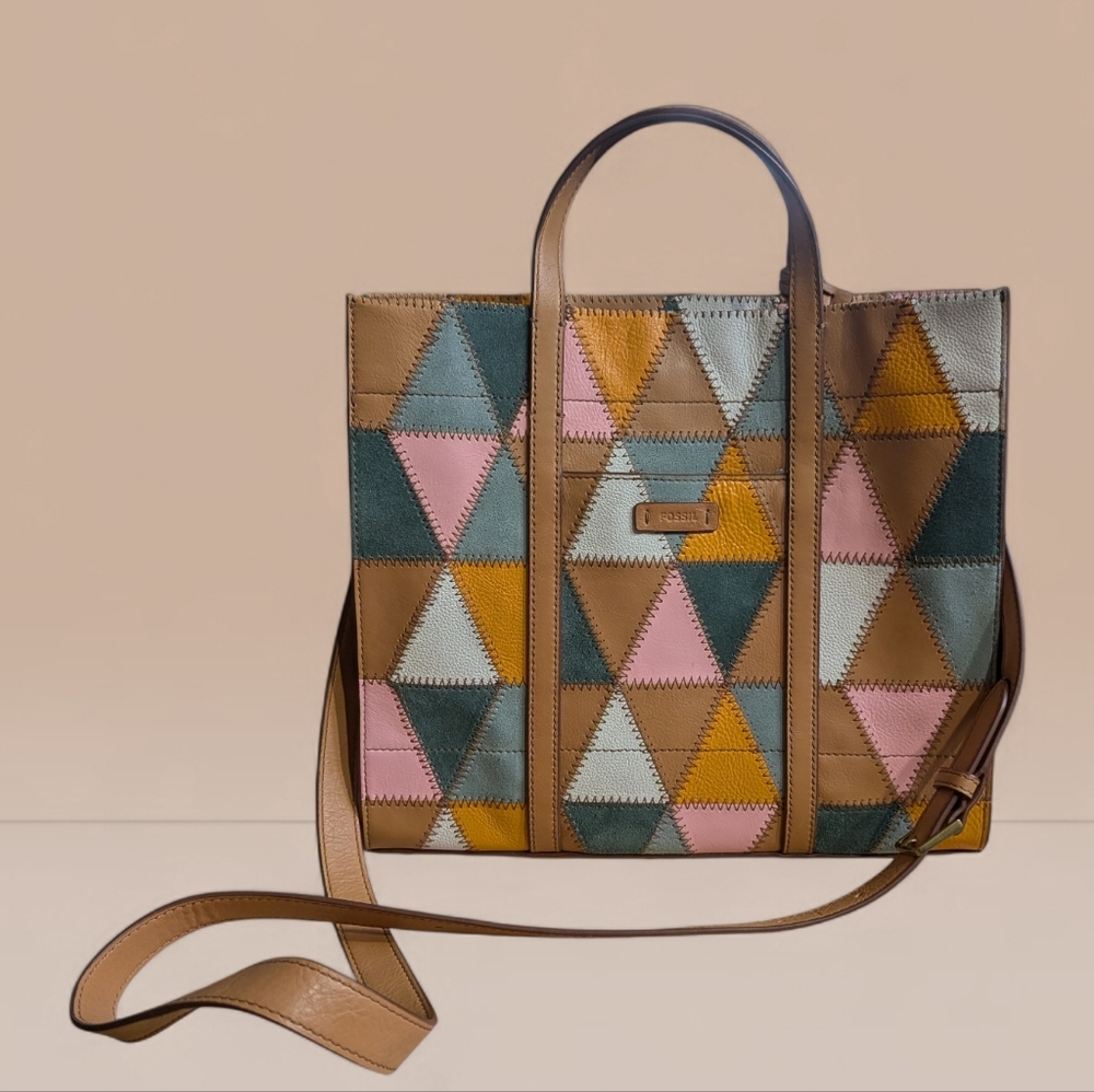 👜 Fossil Patchwork Leather Tote Satchel Crossbody - Picture 2 of 13